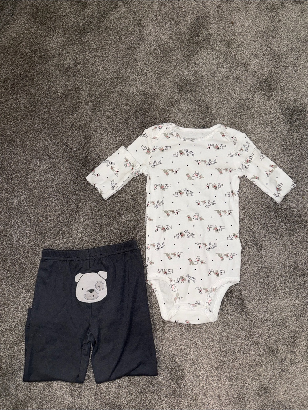 White Printed Long-Sleeve Baby One-Piece with Dark Gray doggie Pants